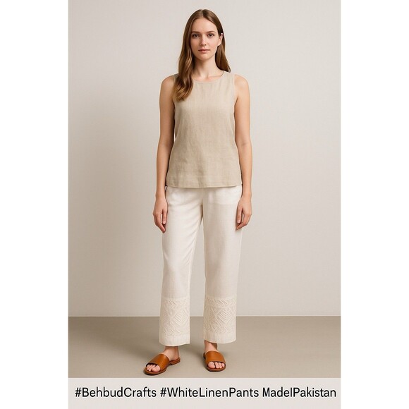 "Behbud Boutique"  Size Large White Embroidery  Pant Pakistani Linen  Blend Boho - Picture 1 of 8